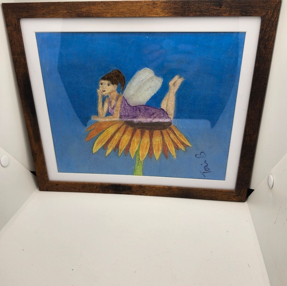Hand Crafted Fairy On A Flower Colored Pencil Drawing Framed 9x11"